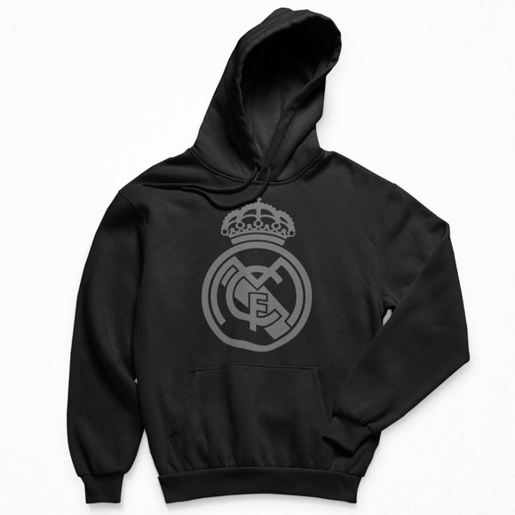 NEW Real Madrid CF Tonal Big Logo Fleece Pullover Hoodie BLACKOUT - Picture 1 of 2